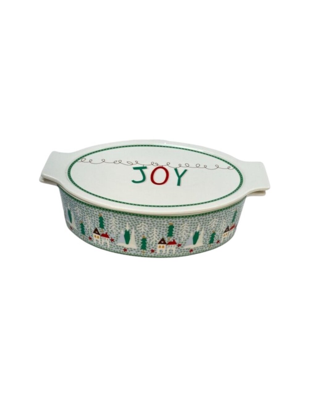 Graces Bake Shop JOY Oven Safe Oval Casserole Lidded Baker‎ Christmas Village